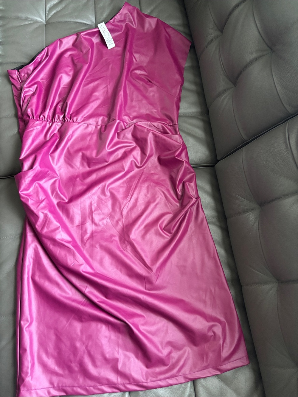 New York & Company One-Shoulder Magenta Faux Leather Dress